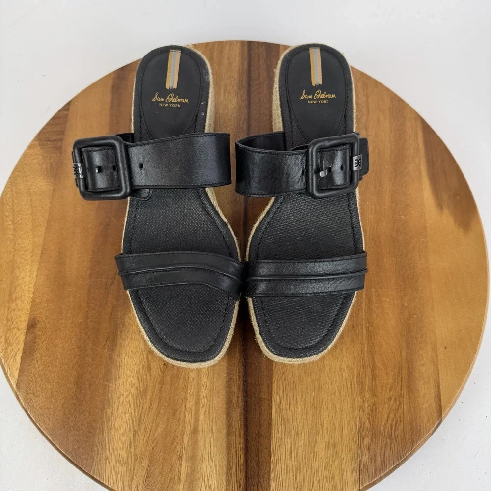 Womens‎ Sam Edelman Carson Black Leather Platform Espadrille Slide Sandals Sz 11